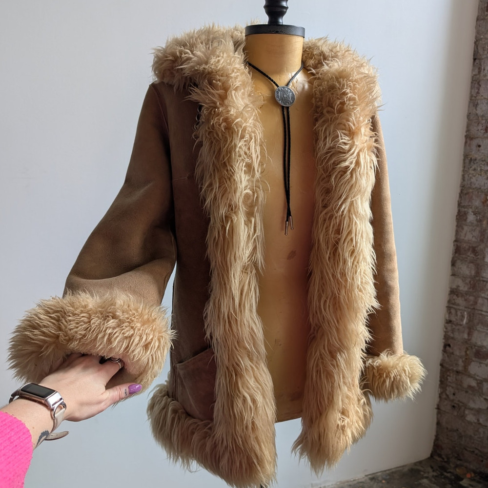 70s Vintage Brown Leather Penny Lane Coat Tan Suede Fur Groovy Boho Afghan Coat - Picture 2 of 10